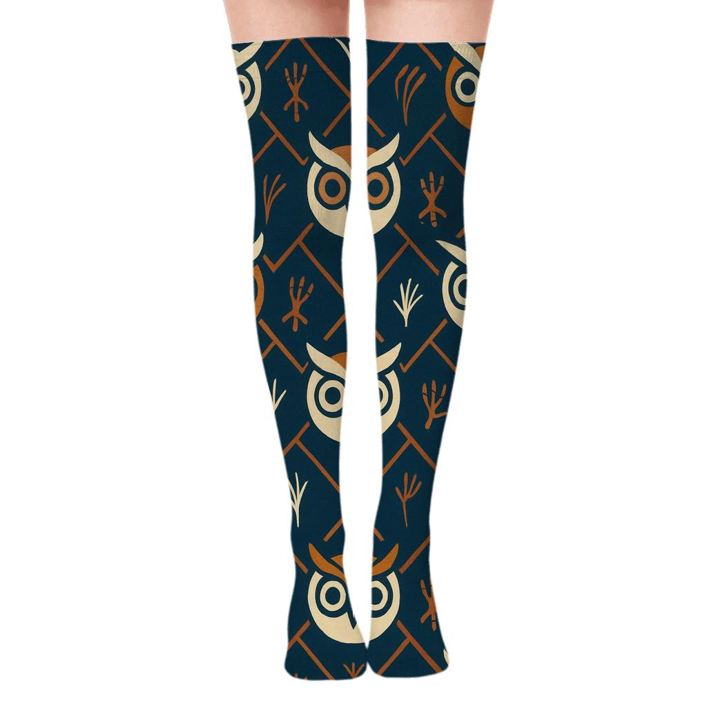 Owl Mask Lattice On Midnight Blue Background personalized over-the-knee socks