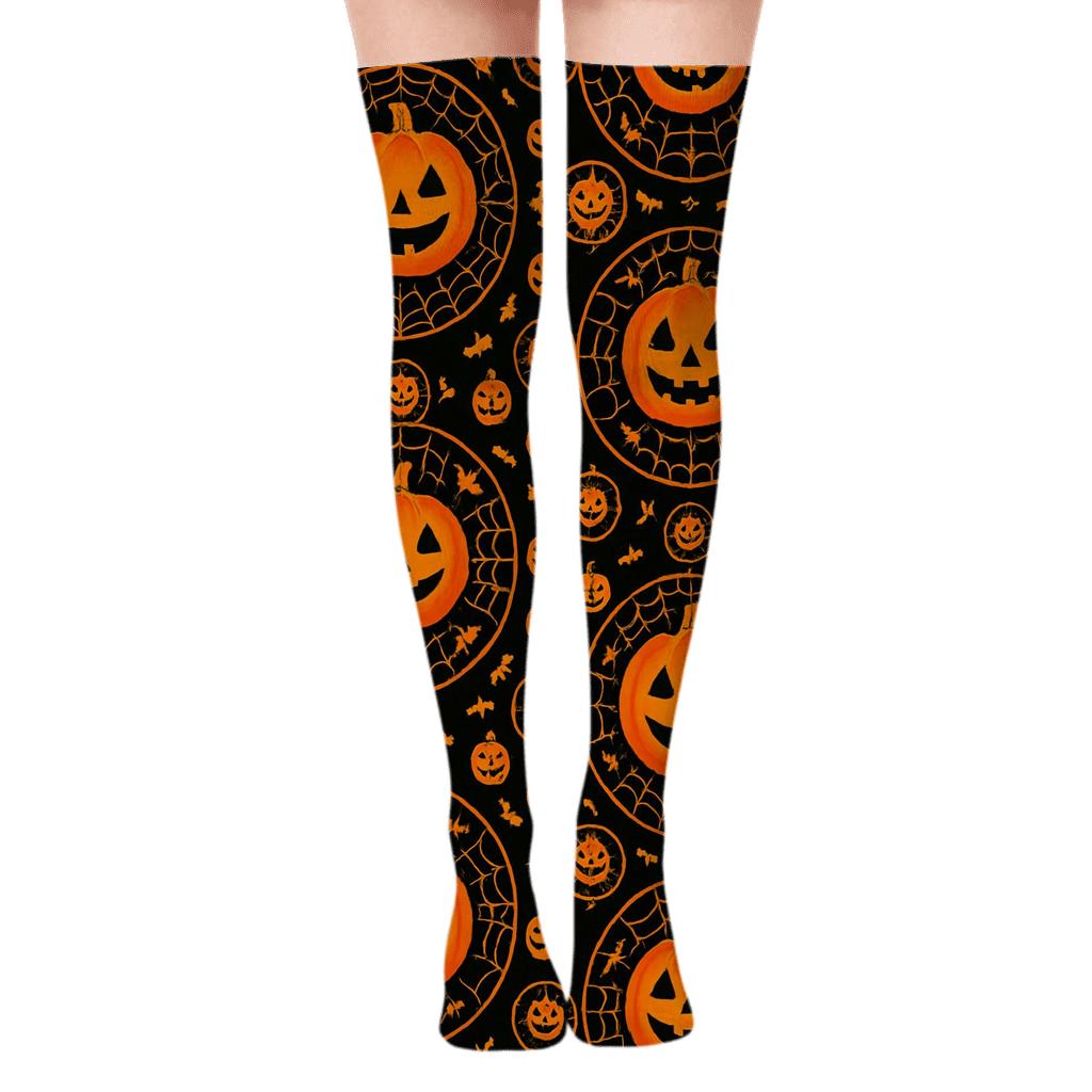 Orange Jack O Lantern Rosette Tiles On Black Background soft everyday over-the-knee socks