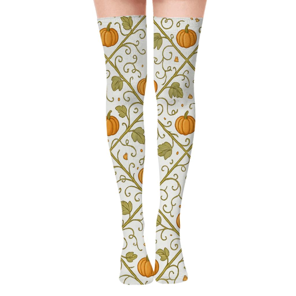 Pumpkin Vine Lattice Trellis On White Background comfortable cotton over-the-knee socks
