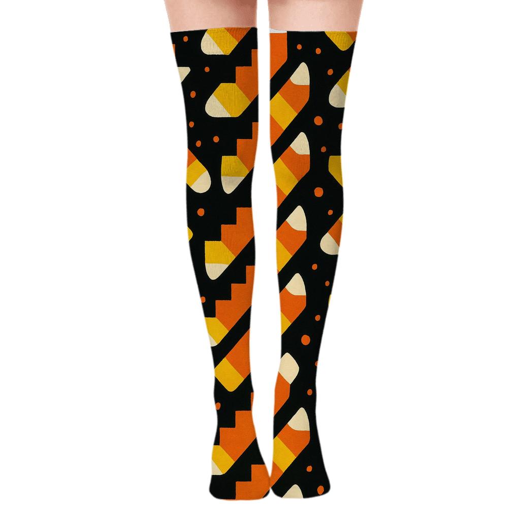 Candy Corn Stair Step Stripe On Black Background soft everyday over-the-knee socks