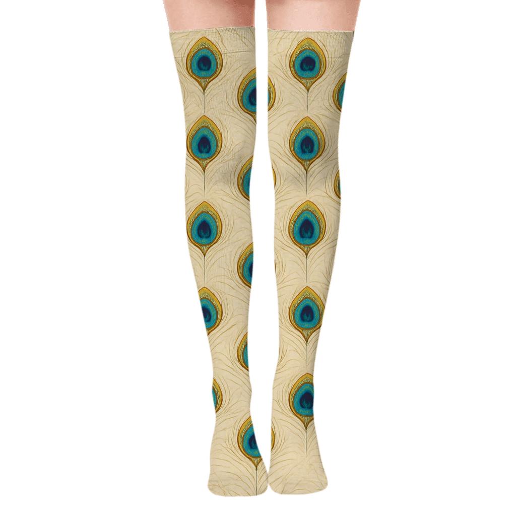 Peacock Tail Eye Chevron Bands On Ivory Background personalized over-the-knee socks