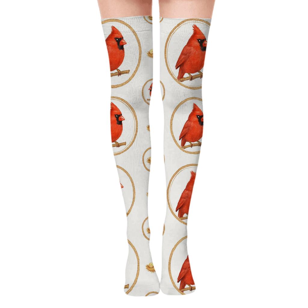 Cardinal Perch Medallions On Snow White Background stylish fashion over-the-knee socks