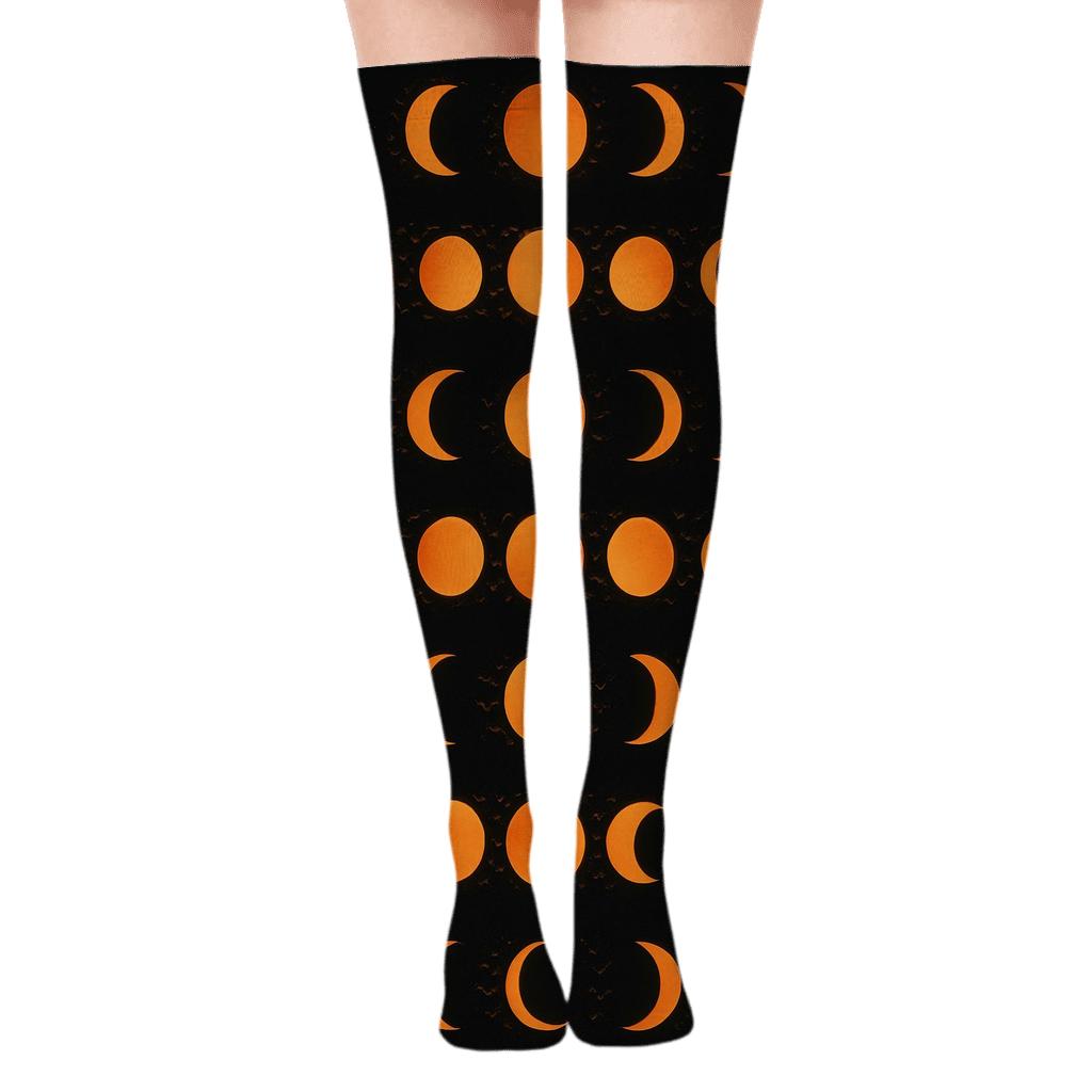 Orange Moon Glow Phases With Bat Swarm On Black Background comfortable cotton over-the-knee socks