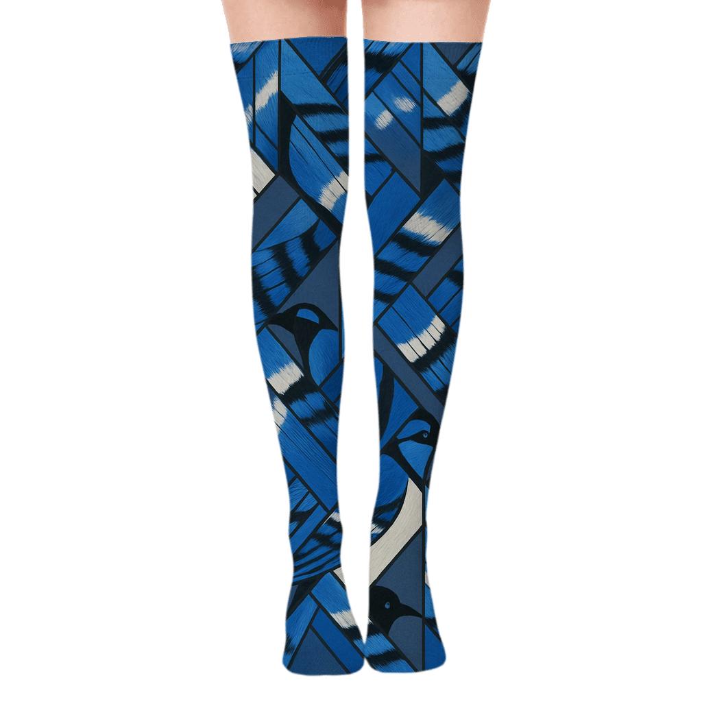 Blue Jay Feather Mosaic On Slate Background trendy patterned over-the-knee socks