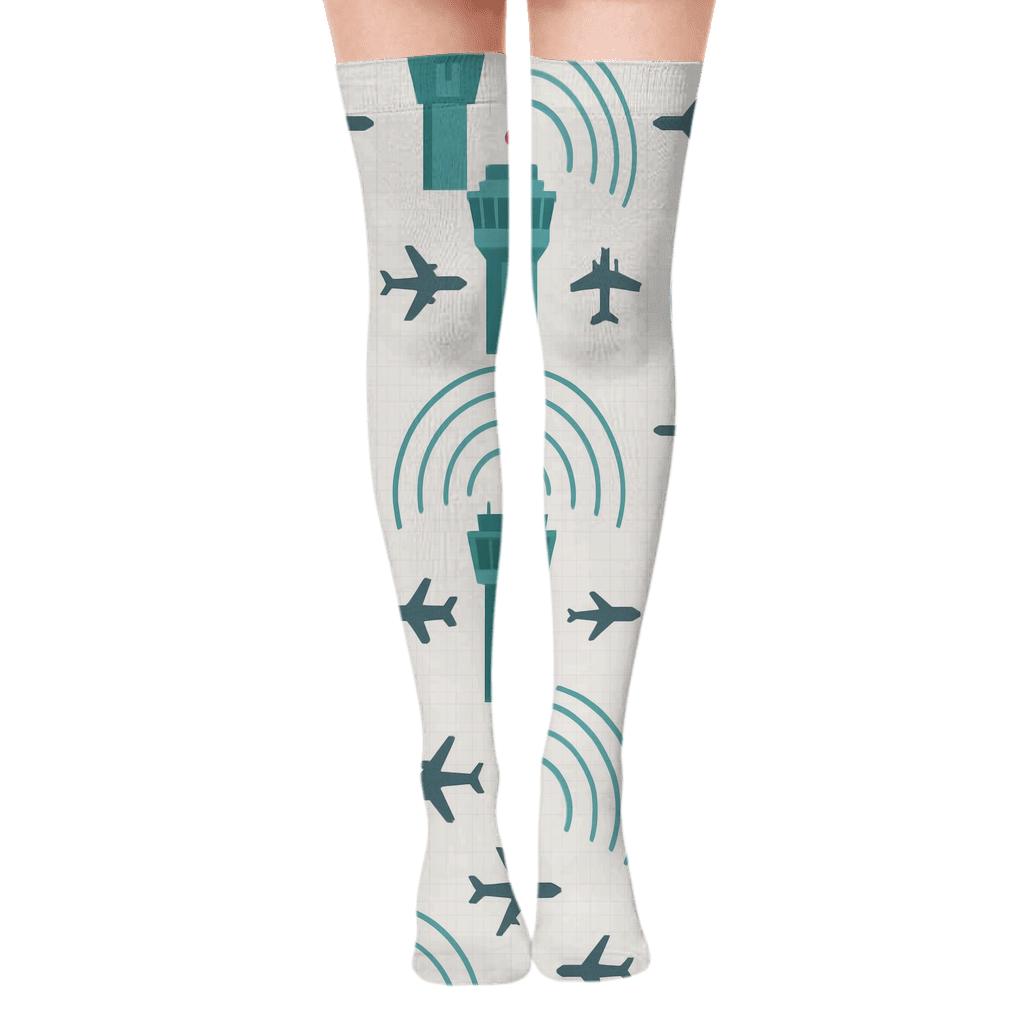 Airplane Tower Signals Stripe Pattern designer print over-the-knee socks