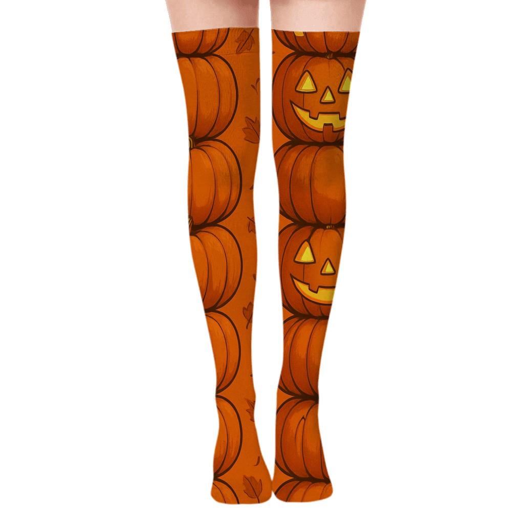 Pumpkin Stack Columns On Orange Background designer print over-the-knee socks