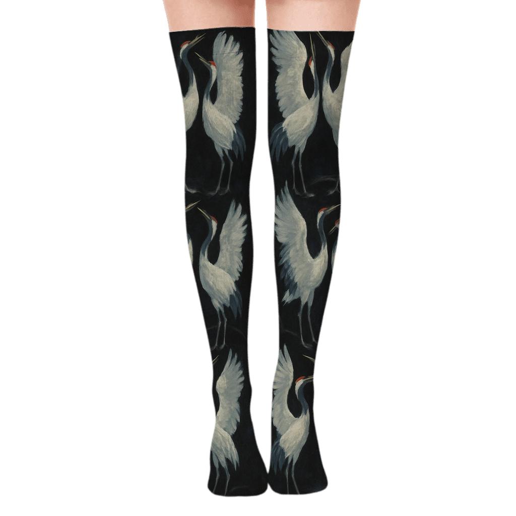 Crane Courtship Mirror Flight On Black Background custom over-the-knee socks