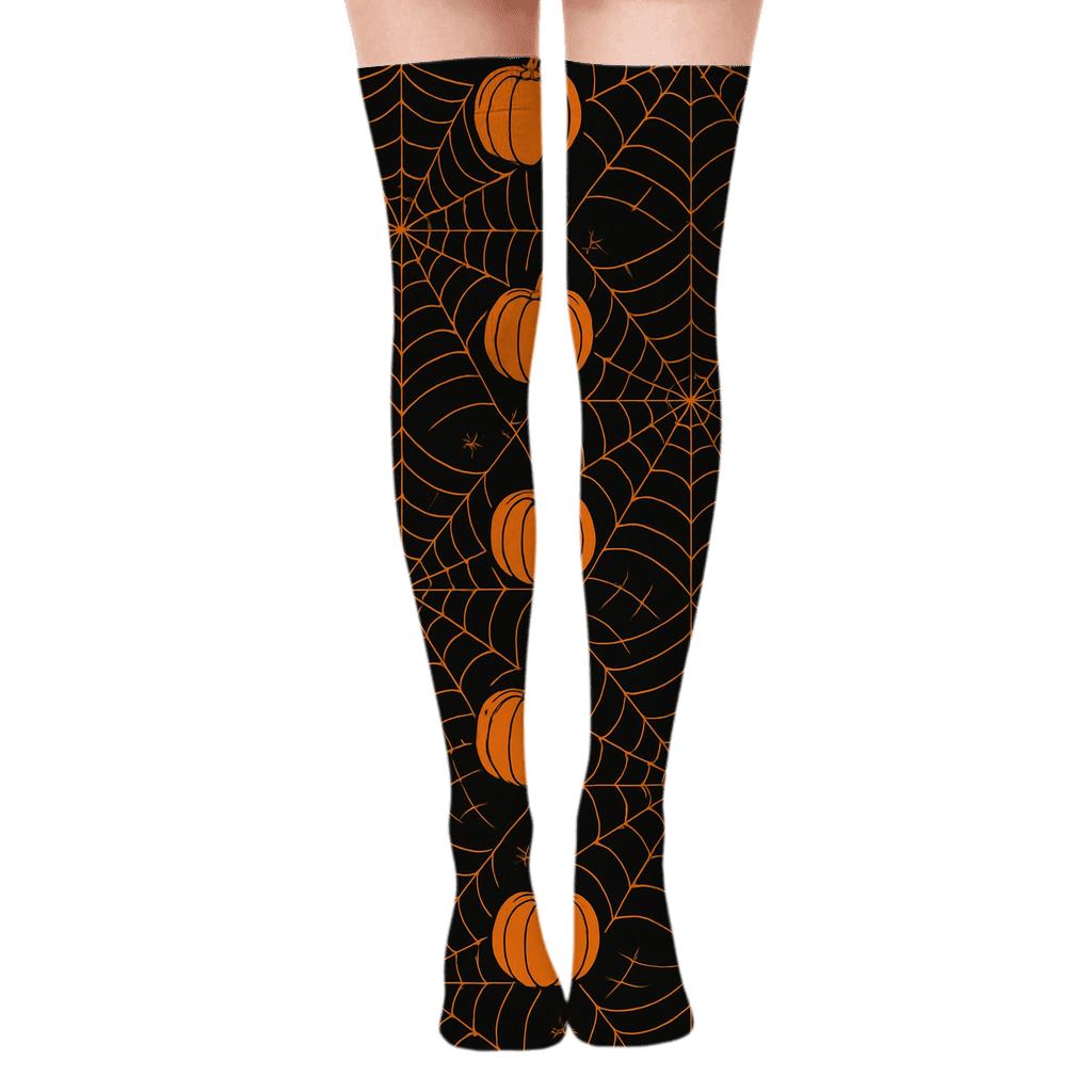Spider Web Overlay With Pumpkin Corners On Black Background trendy patterned over-the-knee socks