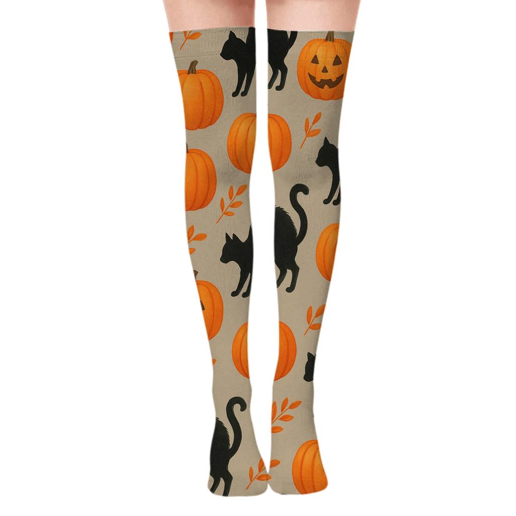 Black Cat And Pumpkin Diagonal March On Proper Neutral Background premium cozy over-the-knee socks
