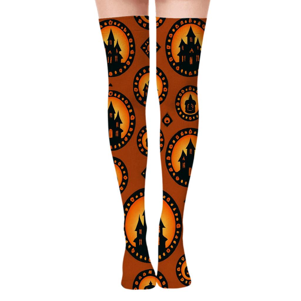 Haunted House Silhouette Medallions On Orange Background comfortable cotton over-the-knee socks