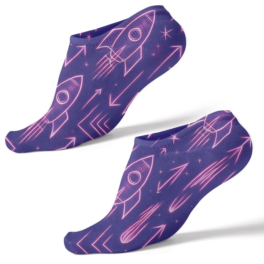Retro Futuristic Rocket Chevron And Starfield Circuitry On Cosmic Purple Gradient premium sports ankle socks