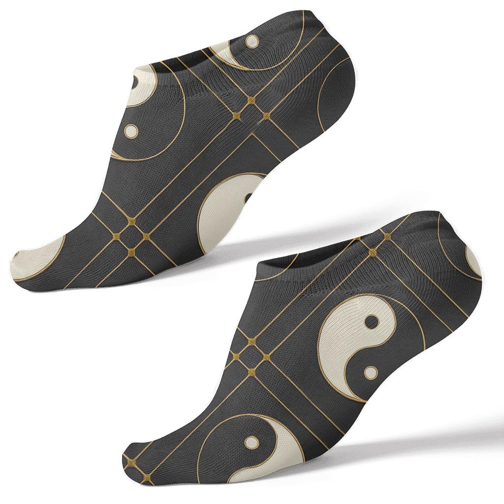 Gold Inlay Taijitu Lattice On Charcoal Silk trendy patterned ankle socks