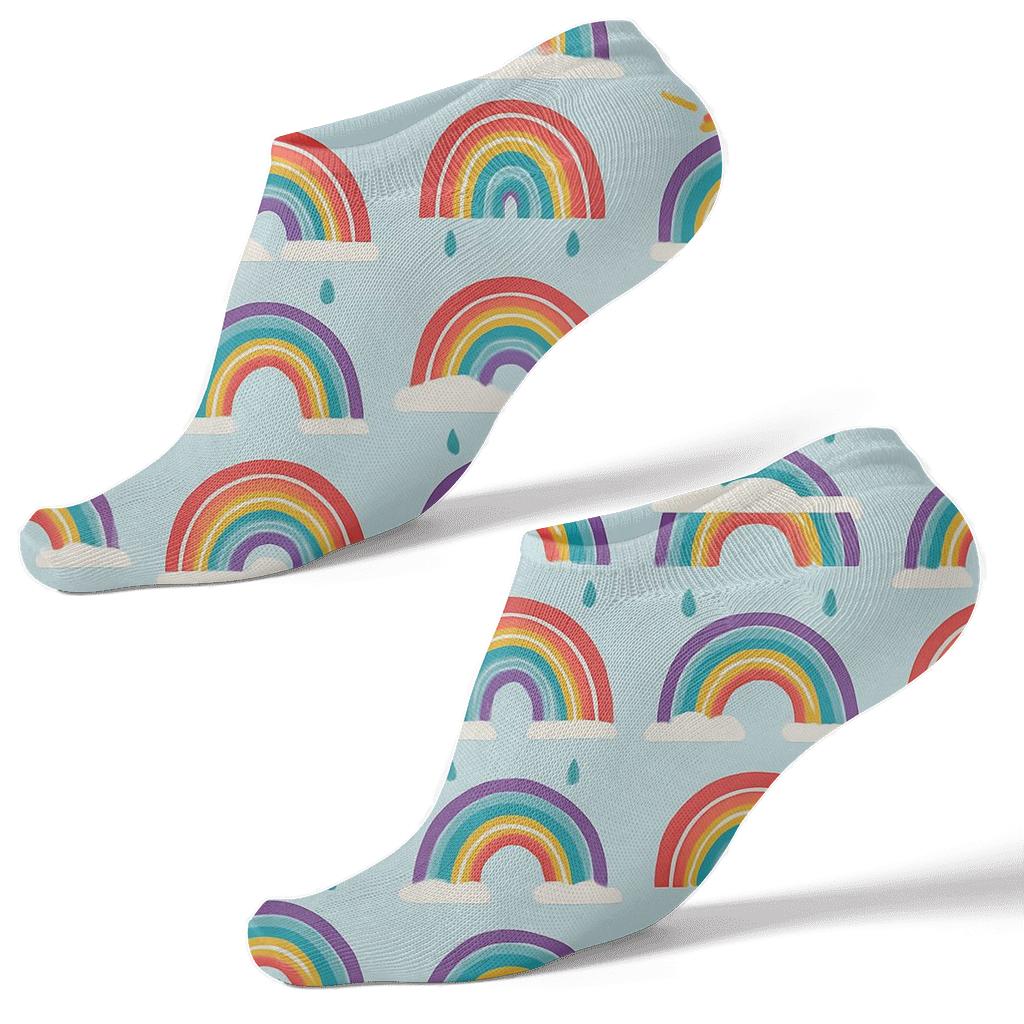 Minimal Rainbow Sunbeam Metro Tiles On Soft Sky Blue premium sports ankle socks