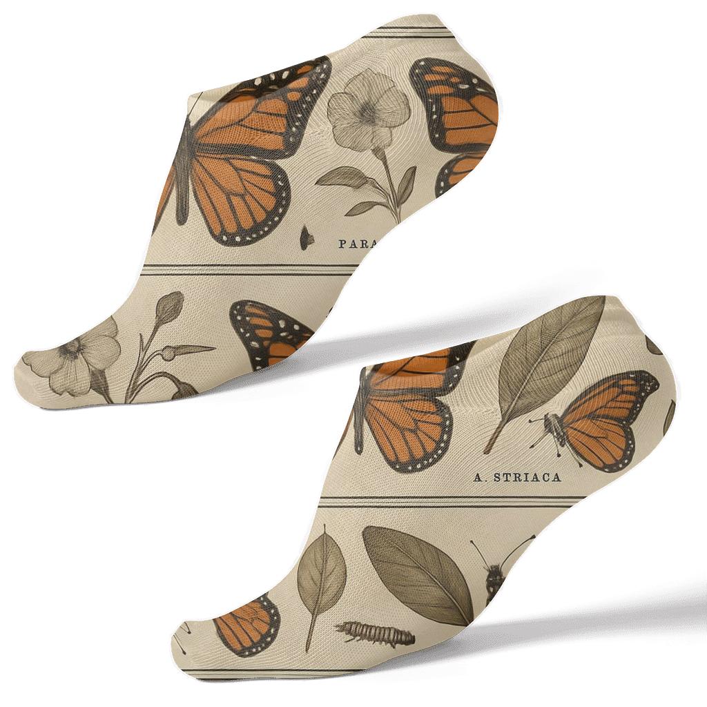 Vintage Monarch Field Study Border Repeat On Warm Ivory Background personalized ankle socks