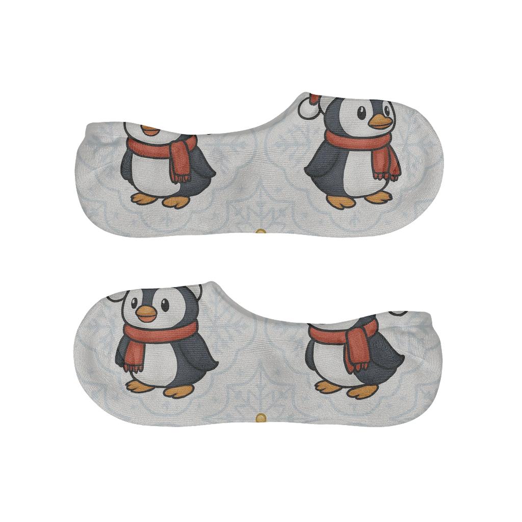 Santa Hat Penguin Snowflake Tile On Icy White Background anti-slip no-show socks