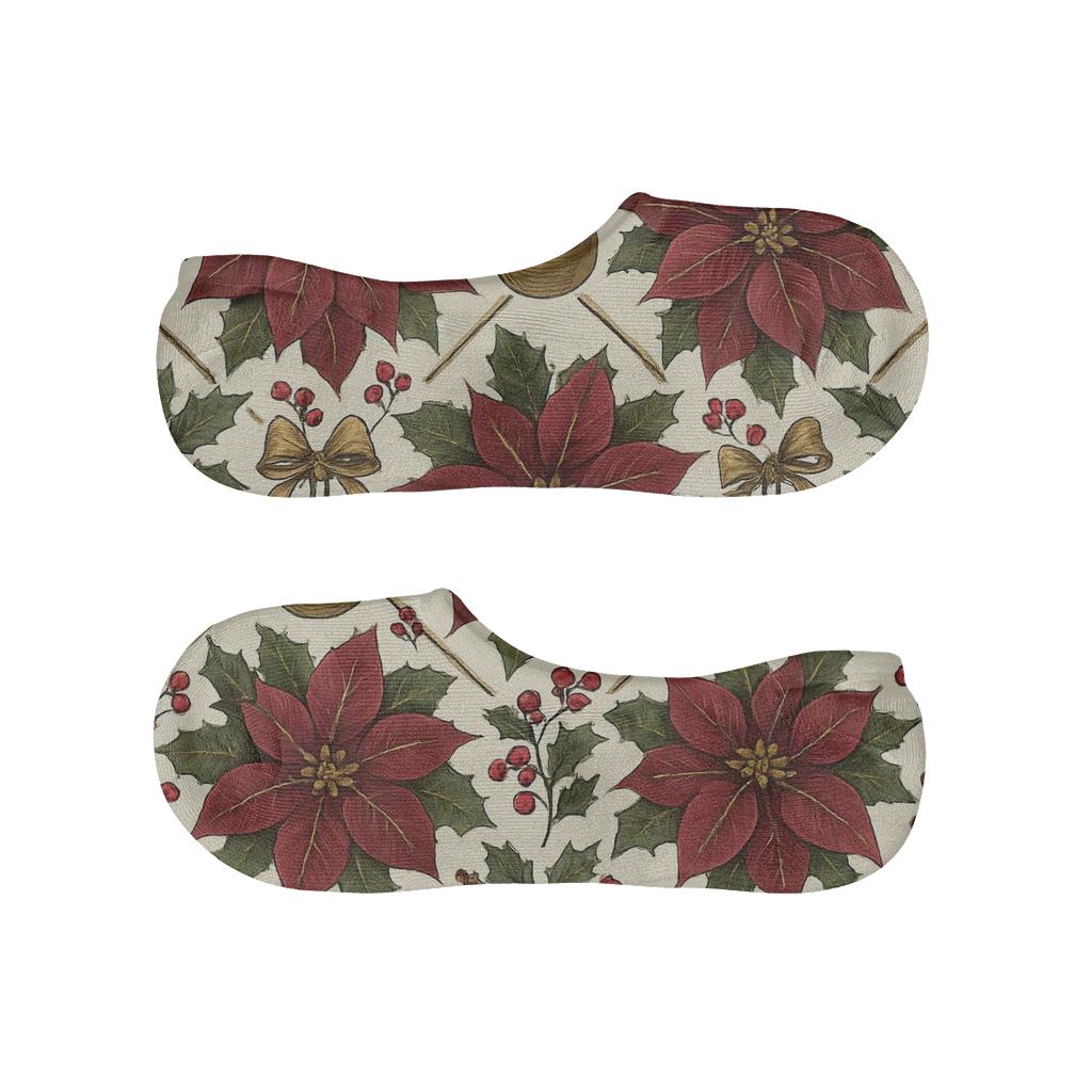 Burgundy Poinsettia Ornament Lattice On Ivory Background anti-slip no-show socks