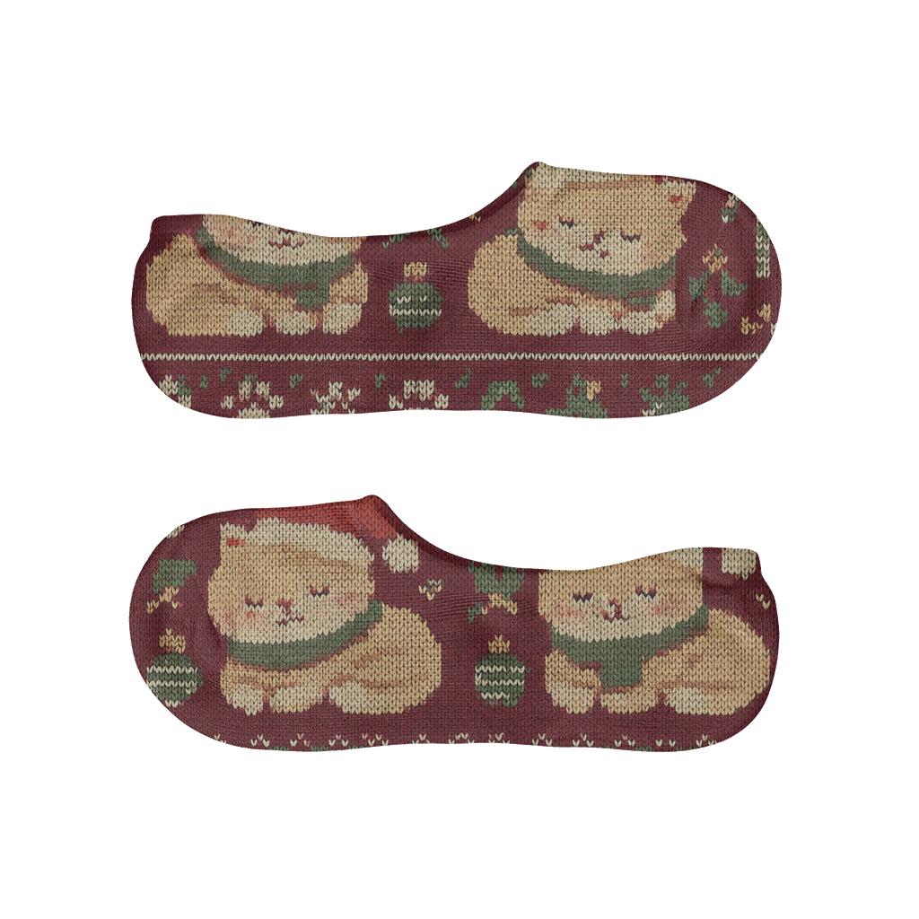 Knitted Santa Cats Fair Isle Repeat On Cranberry Red Background low cut no-show socks