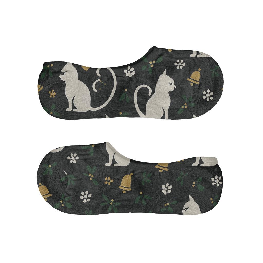 Midnight Mistletoe Cat Silhouette Lattice On Black Background designer print no-show socks