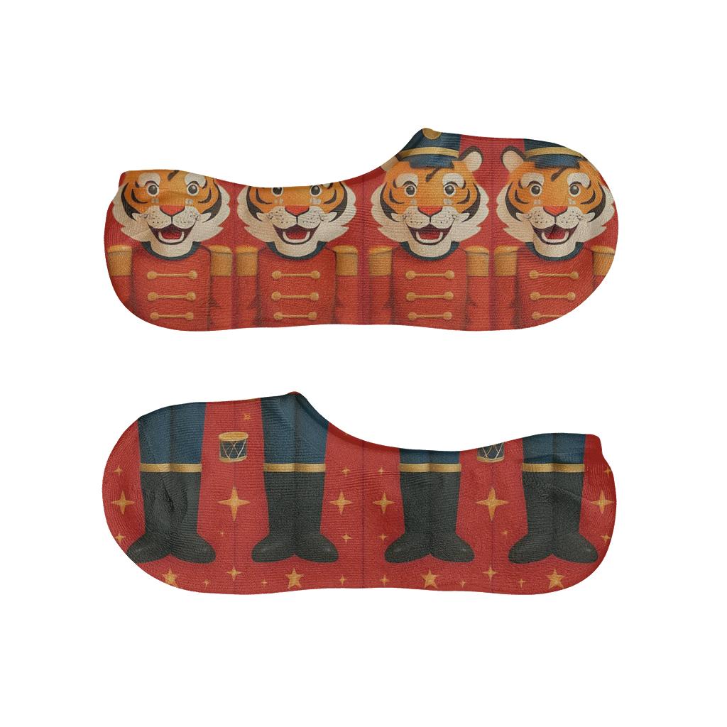 Nutcracker Tiger Mirror Pair Panels On Bright Red Background soft cotton no-show socks