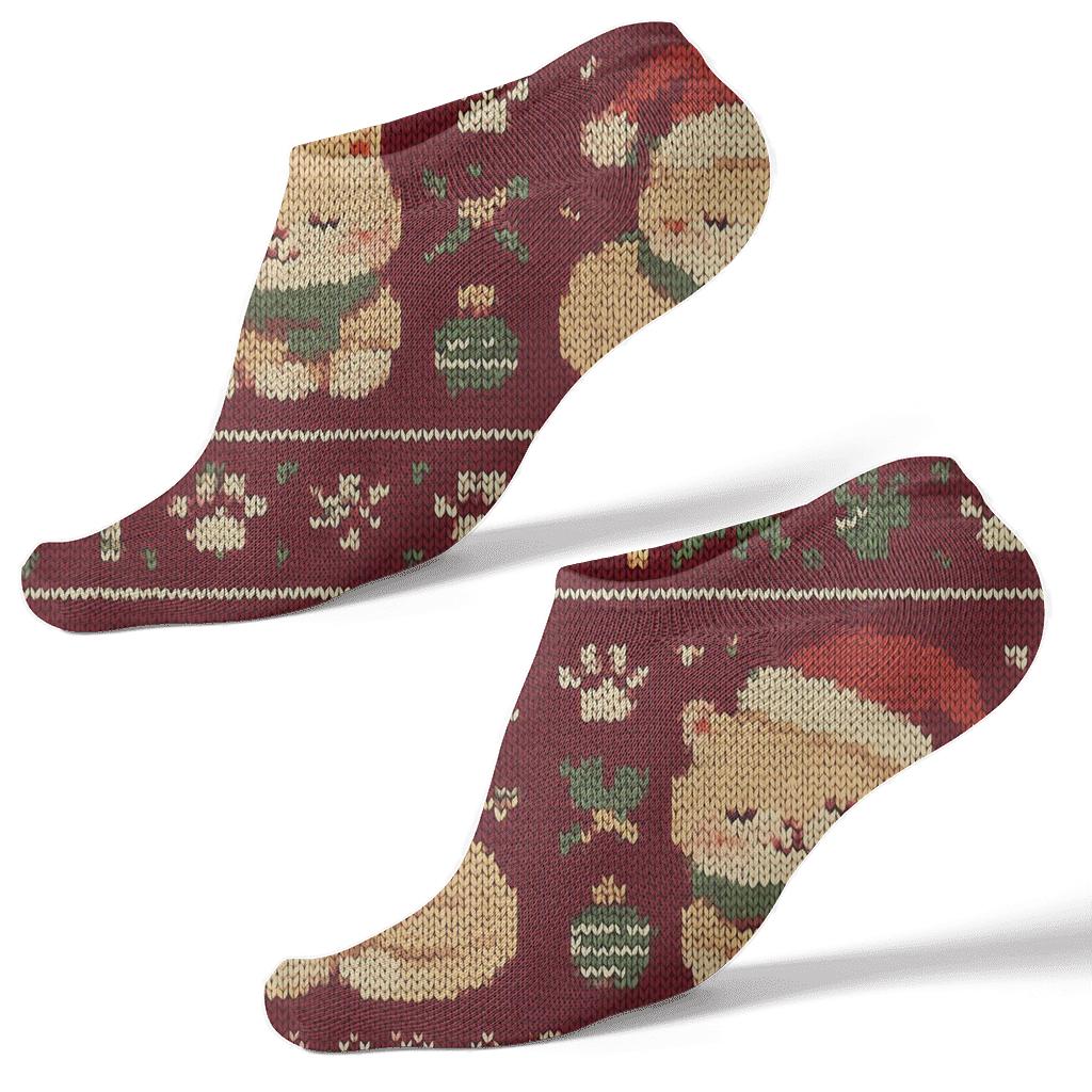Knitted Santa Cats Fair Isle Repeat On Cranberry Red Background designer print ankle socks
