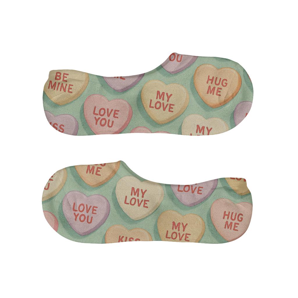 Diagonal Candy Heart Message Drift On Pastel Mint soft cotton no-show socks