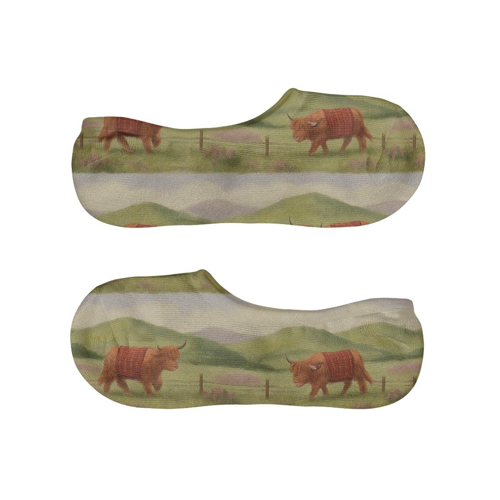 Heather Hills Landscape Wrap With Highland Cow Motif custom no-show socks