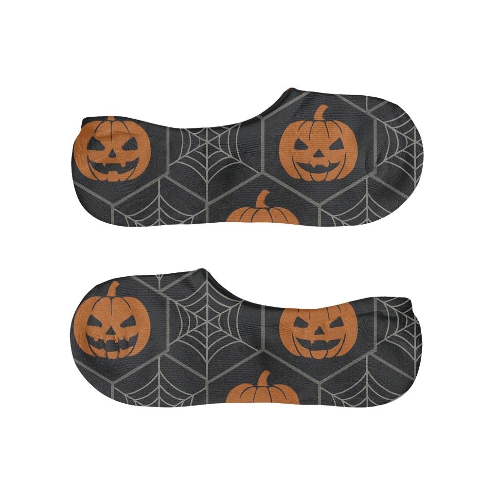 Orange Pumpkin Hex Tile With Spider Web Corners On Black Background designer print no-show socks