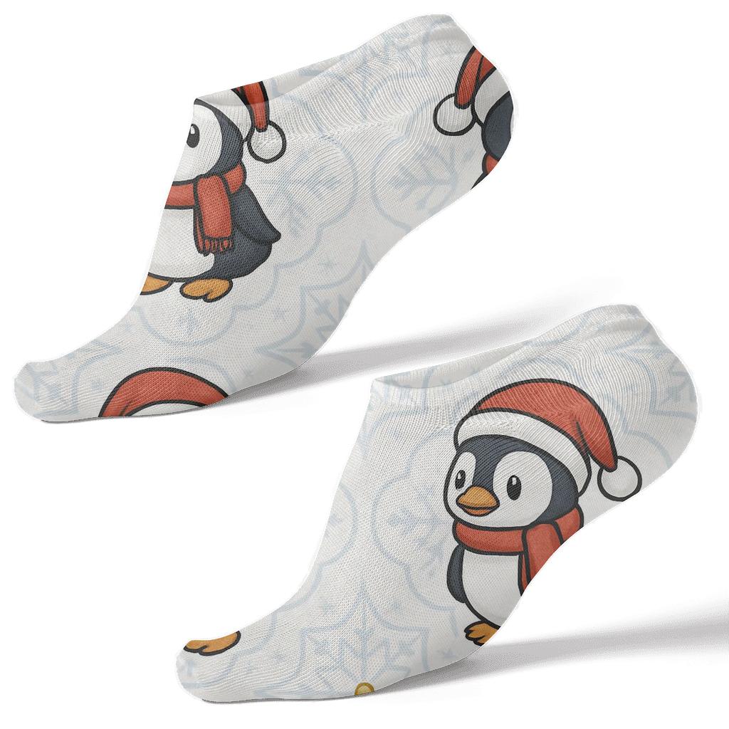 Santa Hat Penguin Snowflake Tile On Icy White Background custom ankle socks