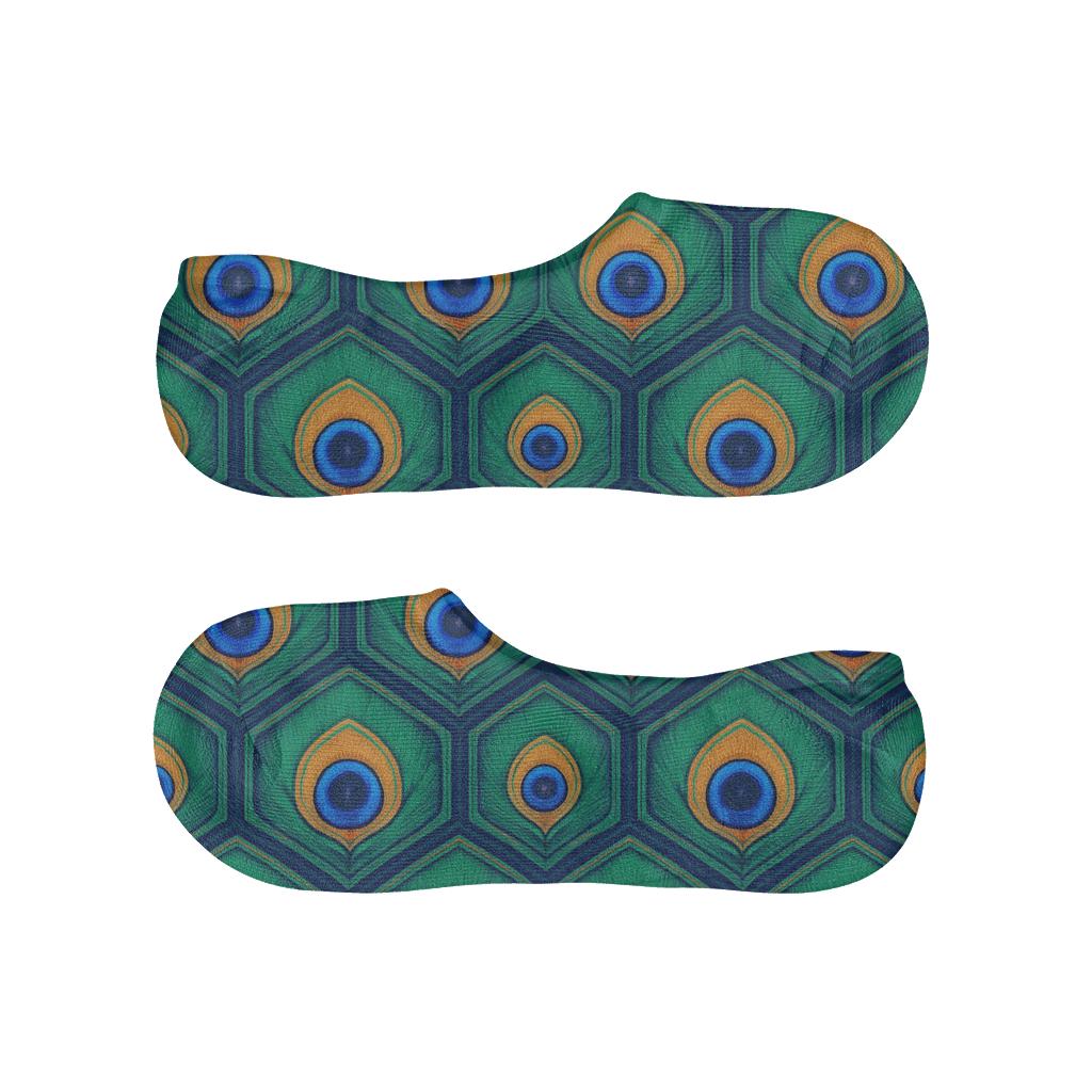 Emerald Peacock Tail Eye Tessellation On Navy Blue Background low cut no-show socks
