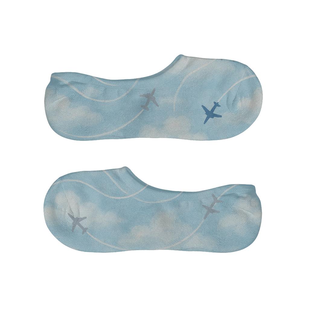 Sky Blue Airplane Silhouette Scatter With Flight Paths personalized no-show socks