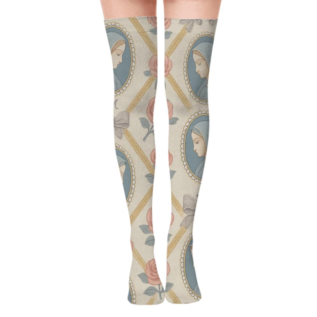 Ribbon Lattice With Mary Cameos stylish fashion over-the-knee socks