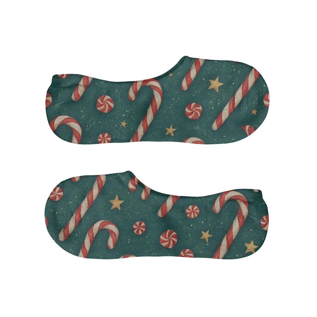 Sugar Dust Candy Canes Diagonal Scattered Scene designer print no-show socks