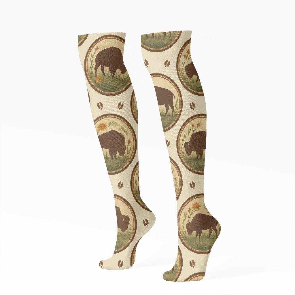 Prairie Flower Medallions With Bison designer print knee-high socks