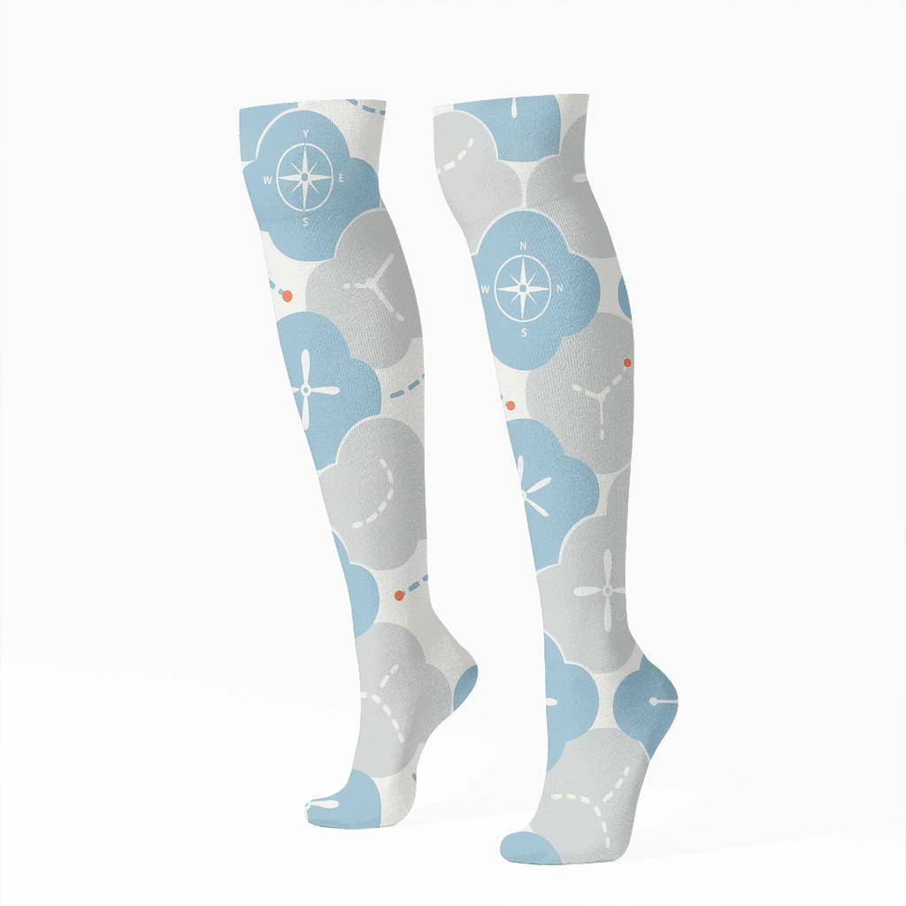 Cloud Lattice With Pilot Compass Icons comfortable cotton knee-high socks
