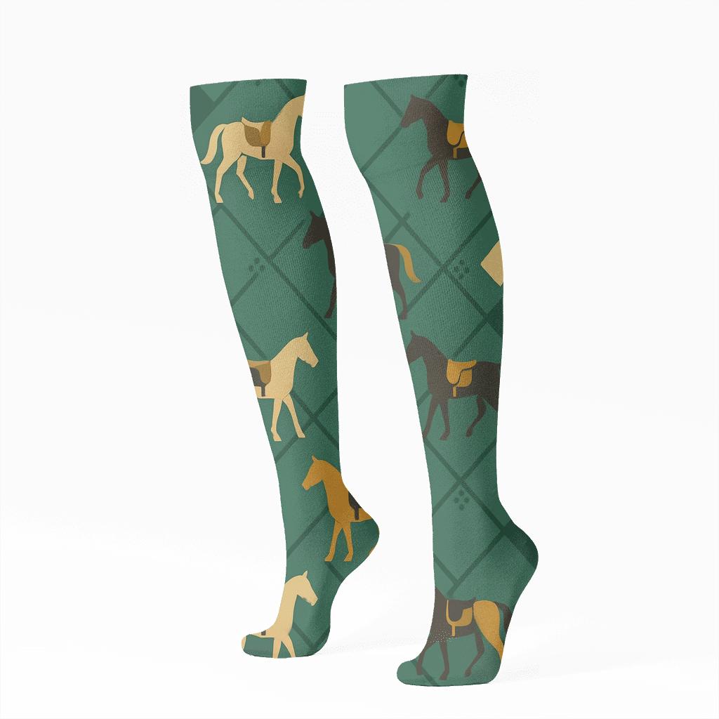 Pasture Green Lattice With Saddle And Horse Silhouettes designer print knee-high socks