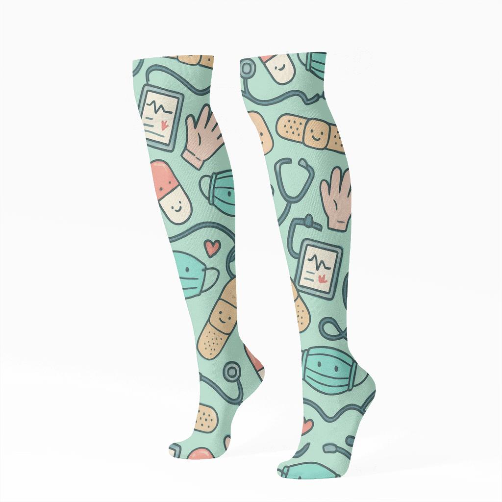 Pastel Mint Bandage Rhythm With Nurse Icons unique graphic knee-high socks