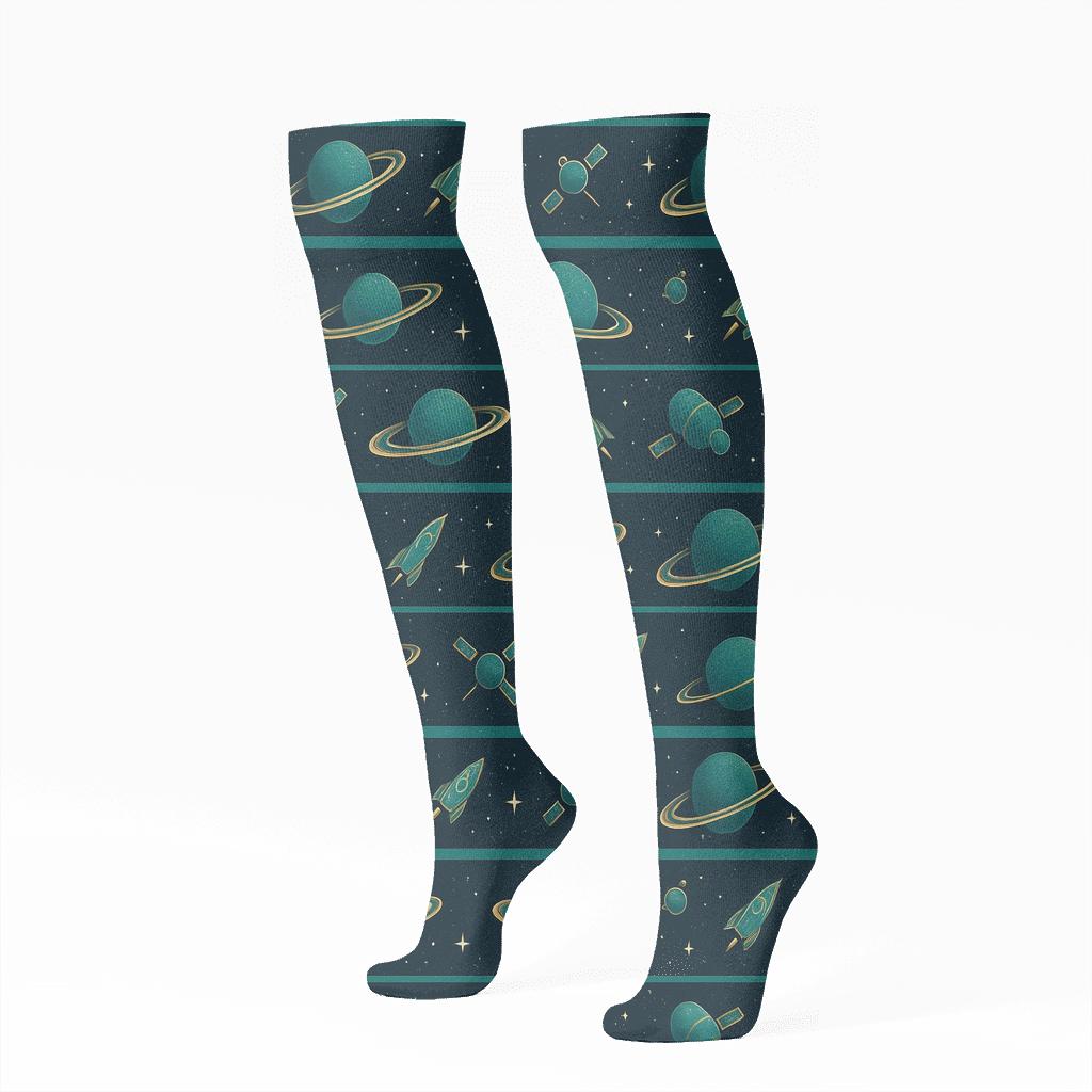 Ionized Teal Orbital Bands On Deep Navy Background soft everyday knee-high socks