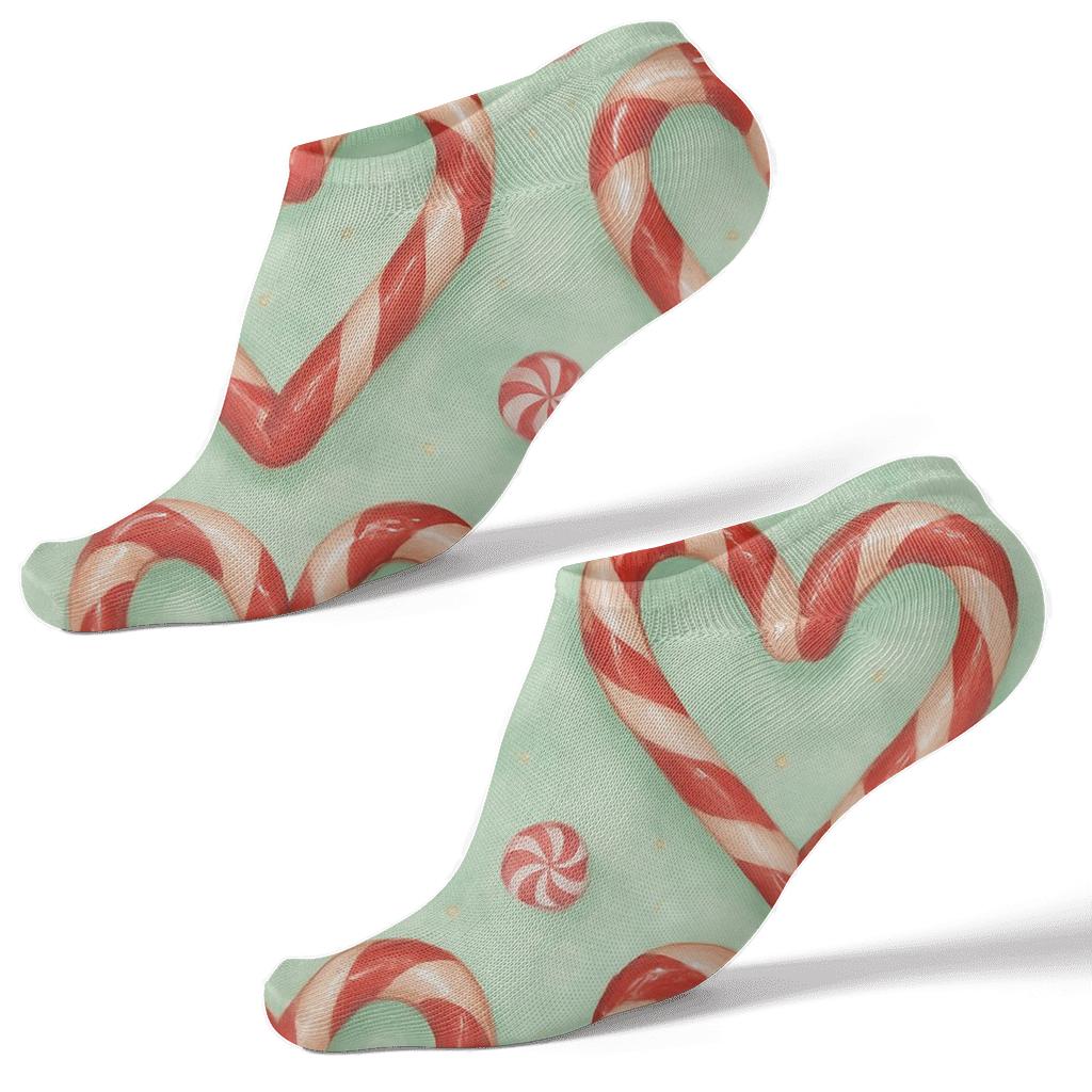 Candy Canes Heart Tiles On Mint Field unique graphic ankle socks