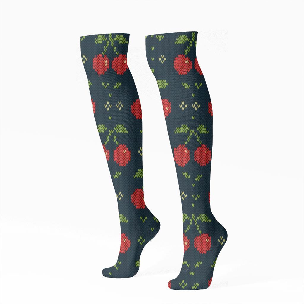 Knitted Cherry Fair Isle Tilework stylish athletic knee-high socks