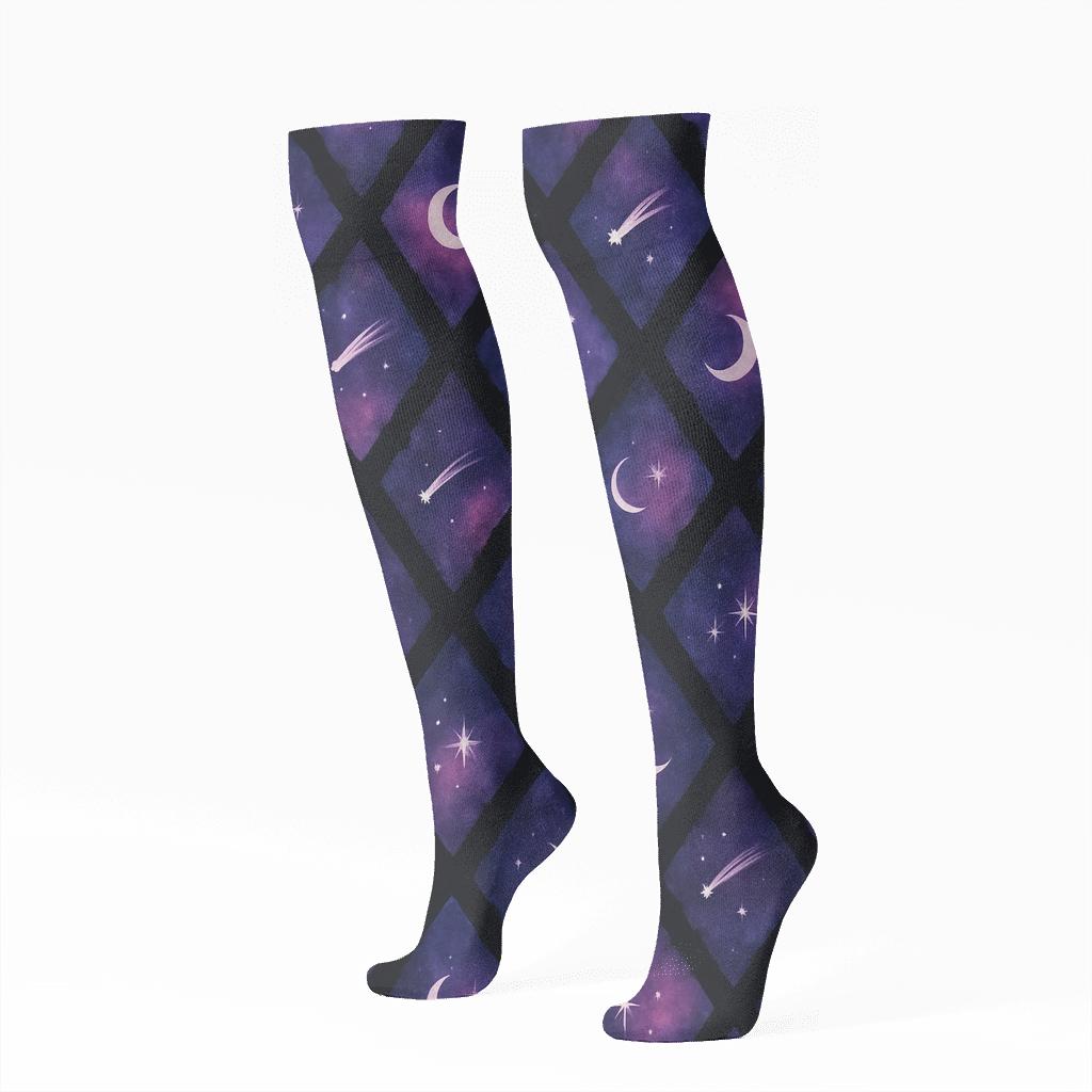 Cosmic Purple Nebula Tilework On Black Background soft everyday knee-high socks