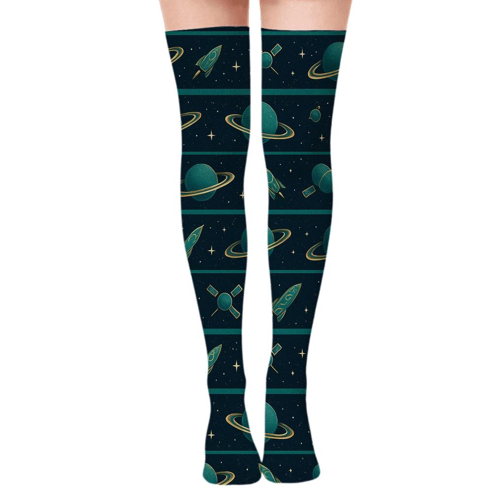 Ionized Teal Orbital Bands On Deep Navy Background premium cozy over-the-knee socks