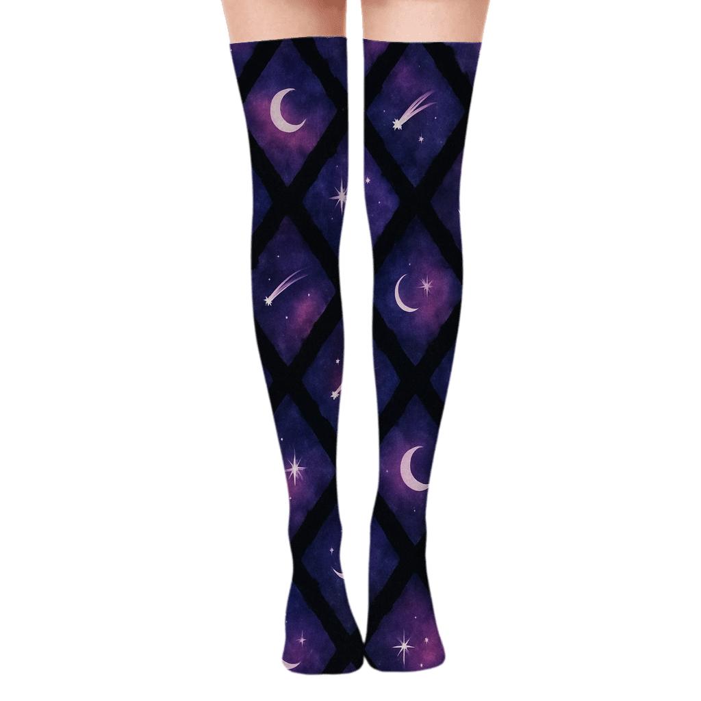 Cosmic Purple Nebula Tilework On Black Background unique graphic over-the-knee socks