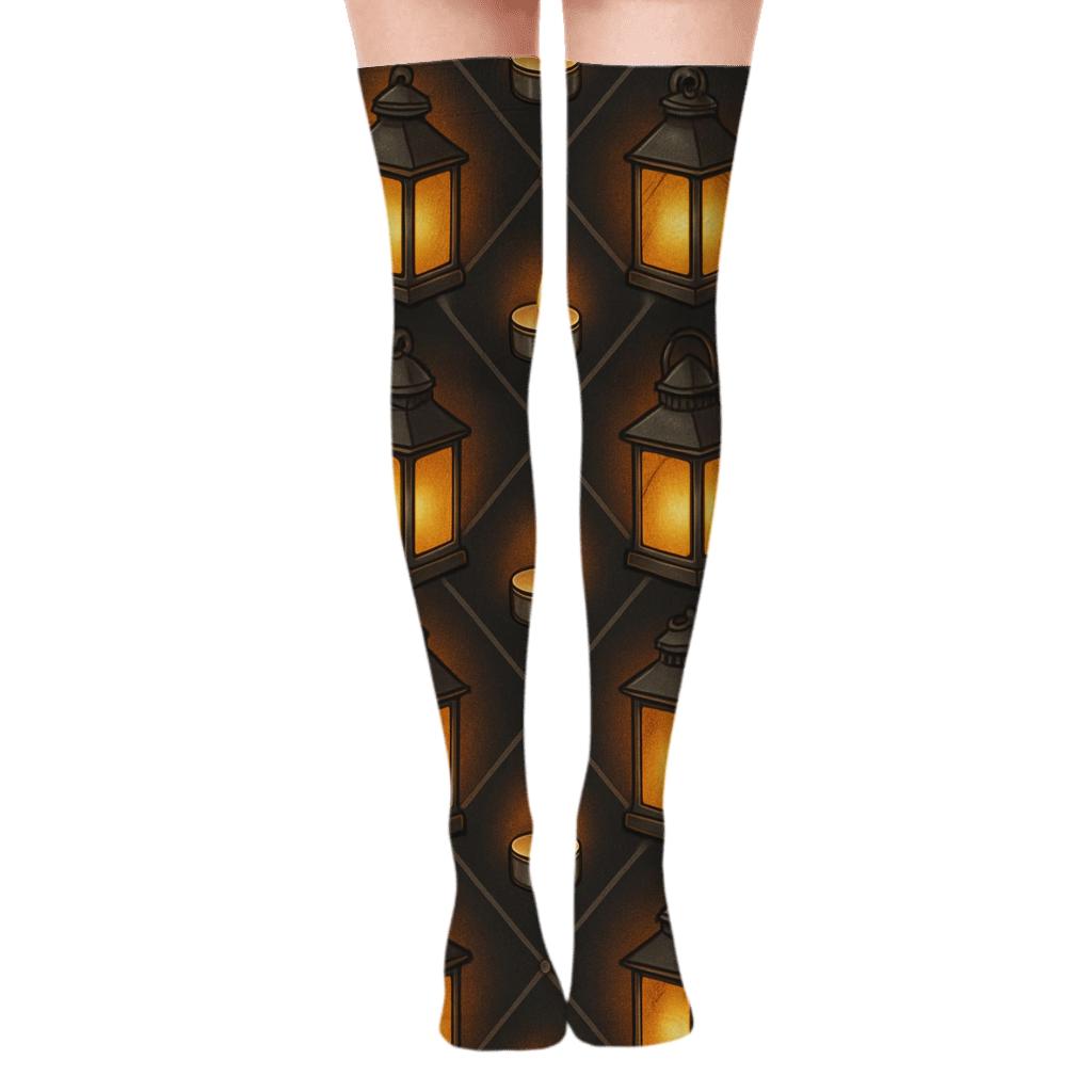 Lantern Lattice With Candle Glow designer print over-the-knee socks