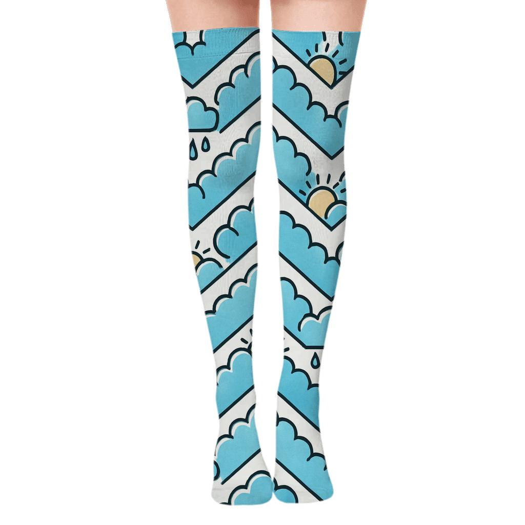 Rain Drop Chevron On White Background With Clouds stylish fashion over-the-knee socks