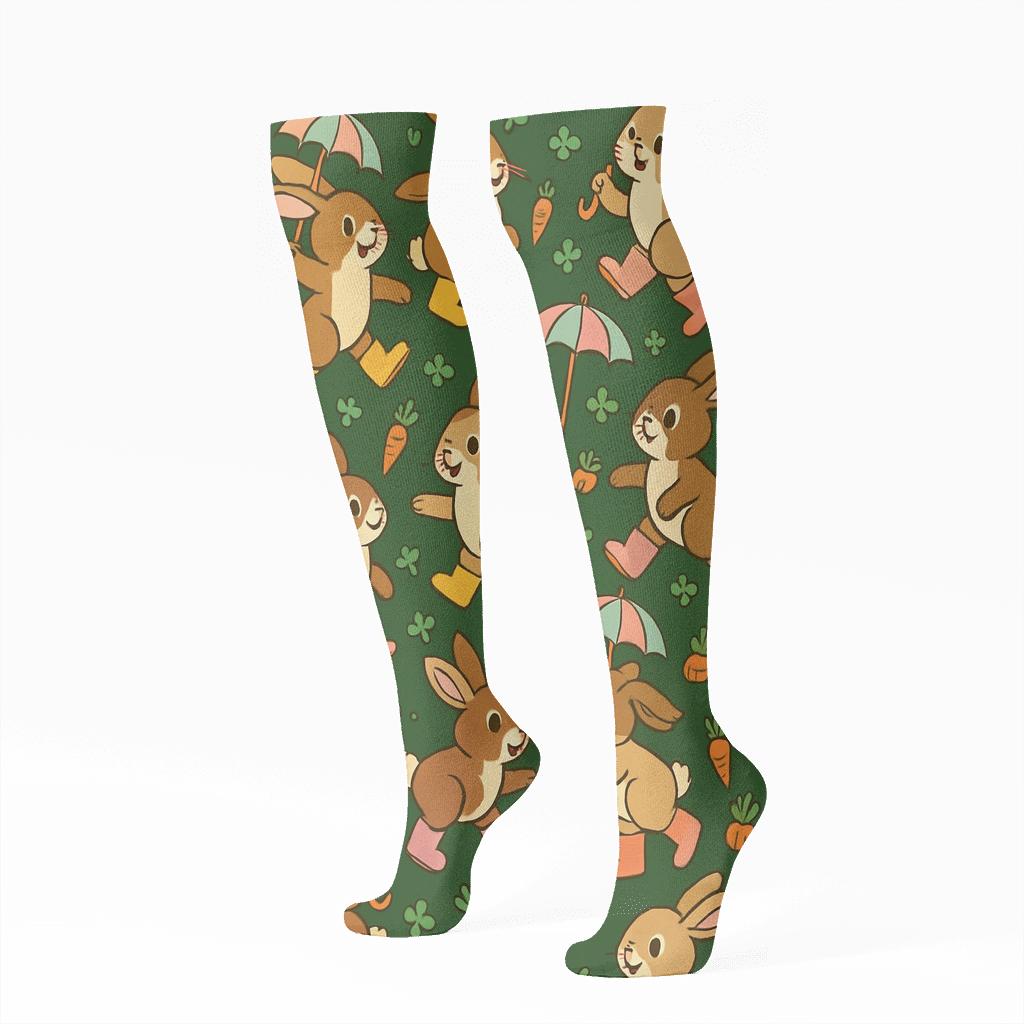 Playful Umbrella Bunnies Rabbit Repeat stylish athletic knee-high socks