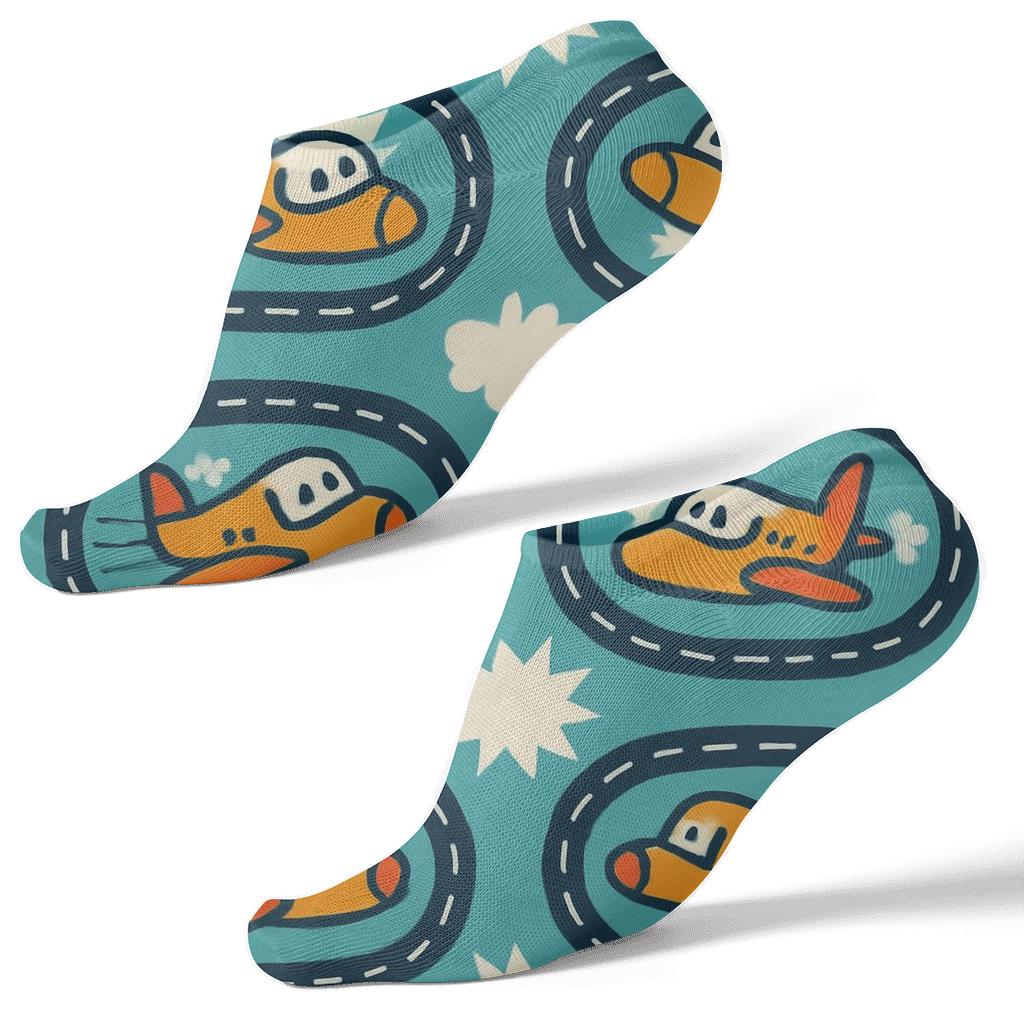 Airplane Race Scene Repeat In Bold Cartoon Tiles trendy patterned ankle socks