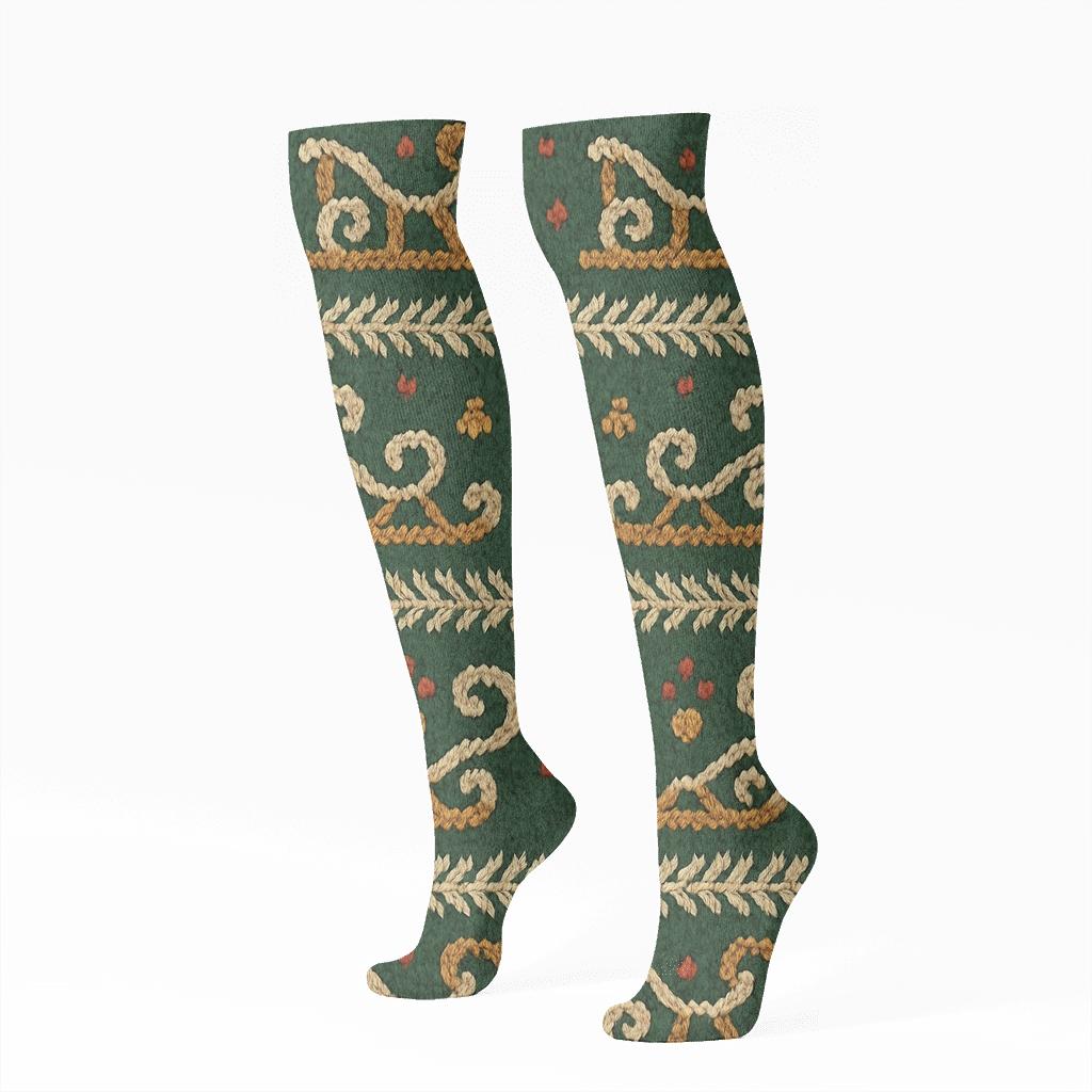 Knitted Illusion Pattern With Sleigh Runners And Holly Bands comfortable cotton knee-high socks