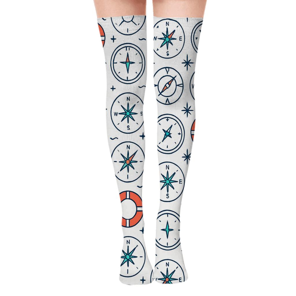 Compass And Lifebuoy Tiles With Sailor Charm comfortable cotton over-the-knee socks