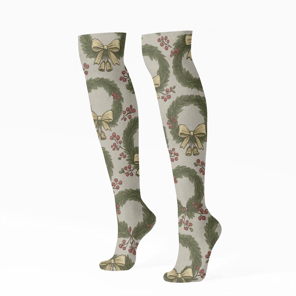 Ribbon Tied Wreath Lattice On Soft Silver personalized knee-high socks