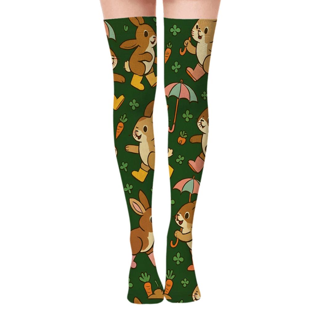 Playful Umbrella Bunnies Rabbit Repeat unique graphic over-the-knee socks
